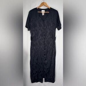 Vintage Just My Size Black Floral Jacquard Button-Front Dress